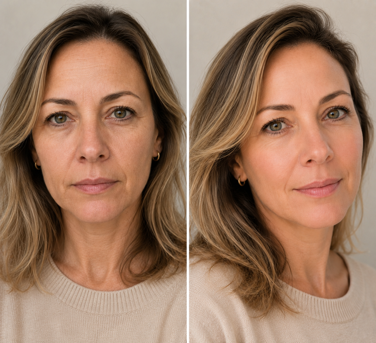 Before and after results using the AuraFace red light therapy mask