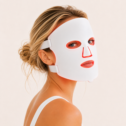 Woman using the AuraFace LED red light therapy face mask, front view